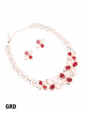Rhinestone & Gems Flower Necklace with Earring Set